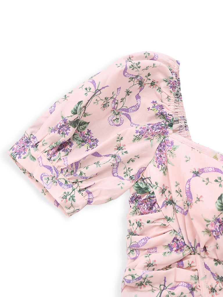 Pink 1940s Lavender Sweetheart Neck Puff Sleeve Dress