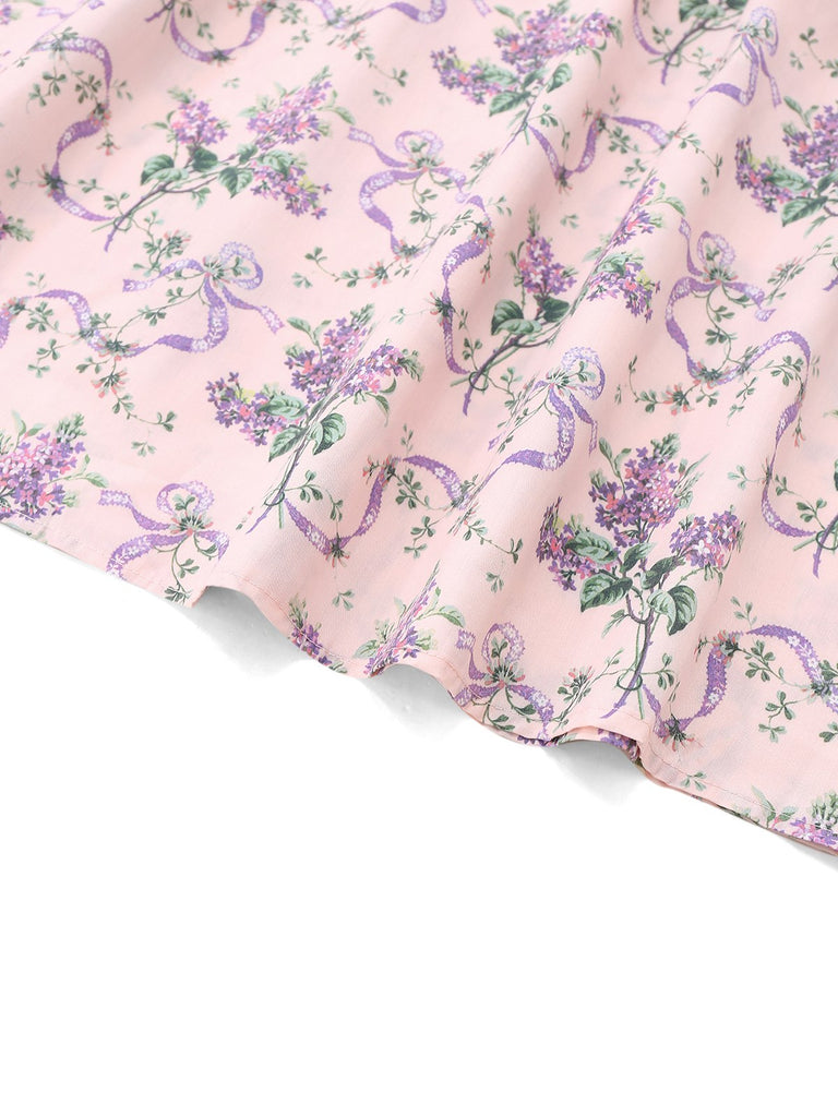 Pink 1940s Lavender Sweetheart Neck Puff Sleeve Dress