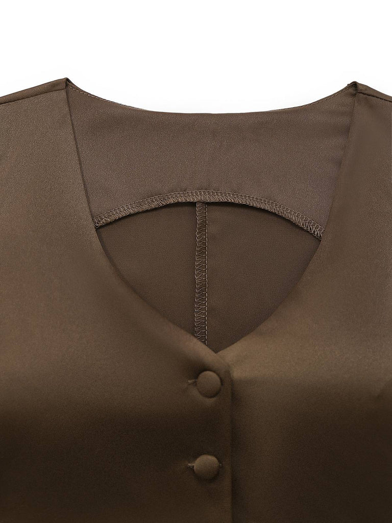 2PCS Brown 1930s Solid Satin Sleeveless V-Neck Vest & Fishtail Skirt