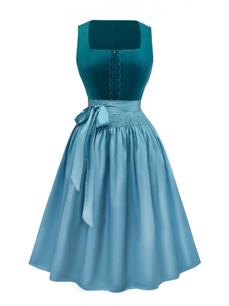 2PCS Blue 1950s Flannelette Floral Dress & Satin Apron