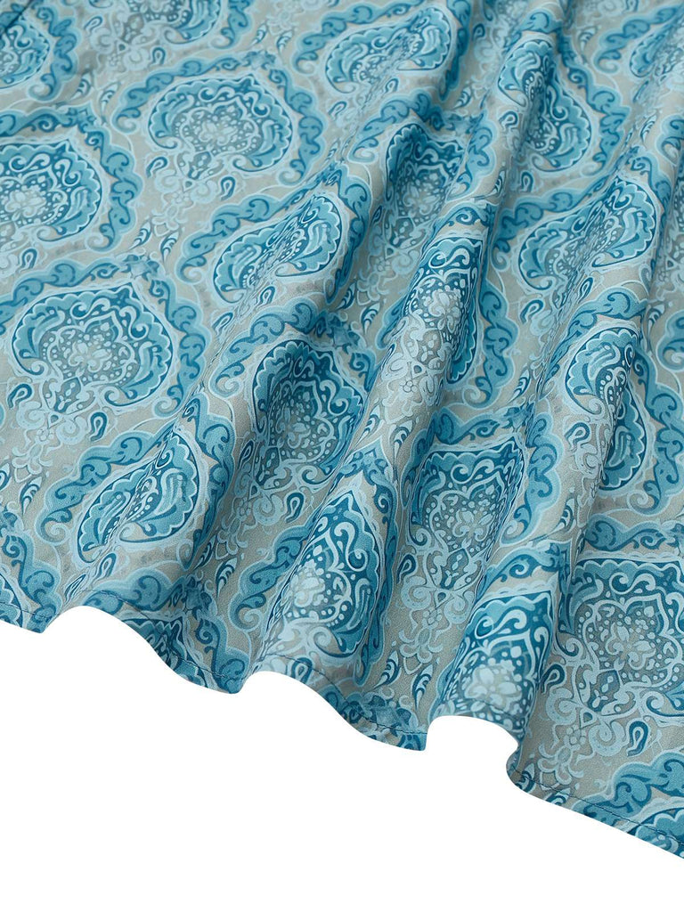 2PCS Blue 1950s Flannelette Floral Dress & Satin Apron