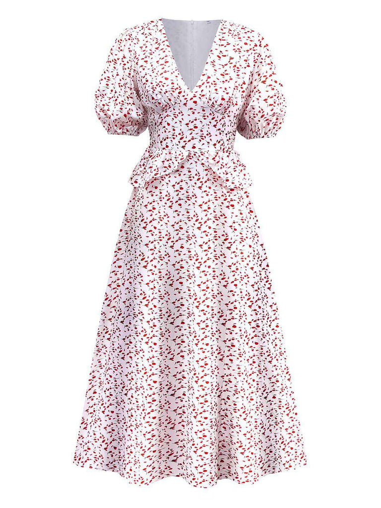 White 1940s Ditsy Floral Ruffled V-Neck Puff Sleeve Dress