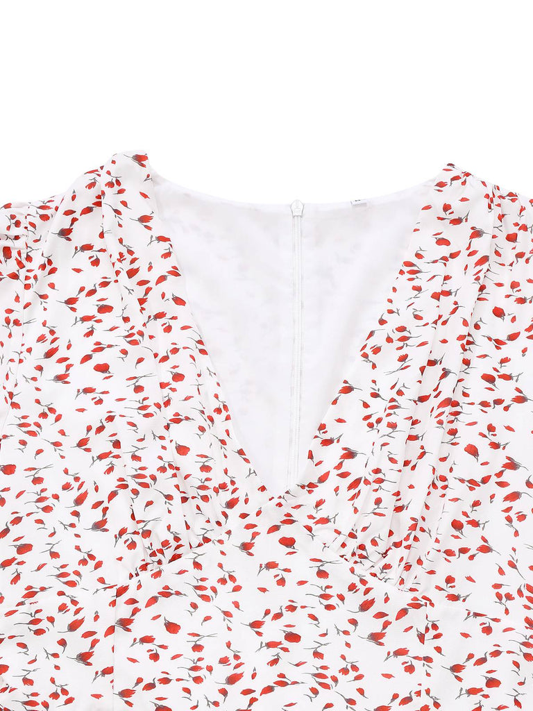 White 1940s Ditsy Floral Ruffled V-Neck Puff Sleeve Dress