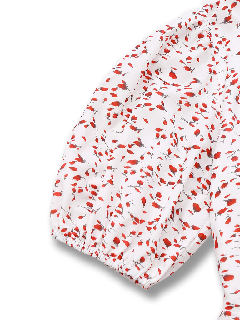 White 1940s Ditsy Floral Ruffled V-Neck Puff Sleeve Dress