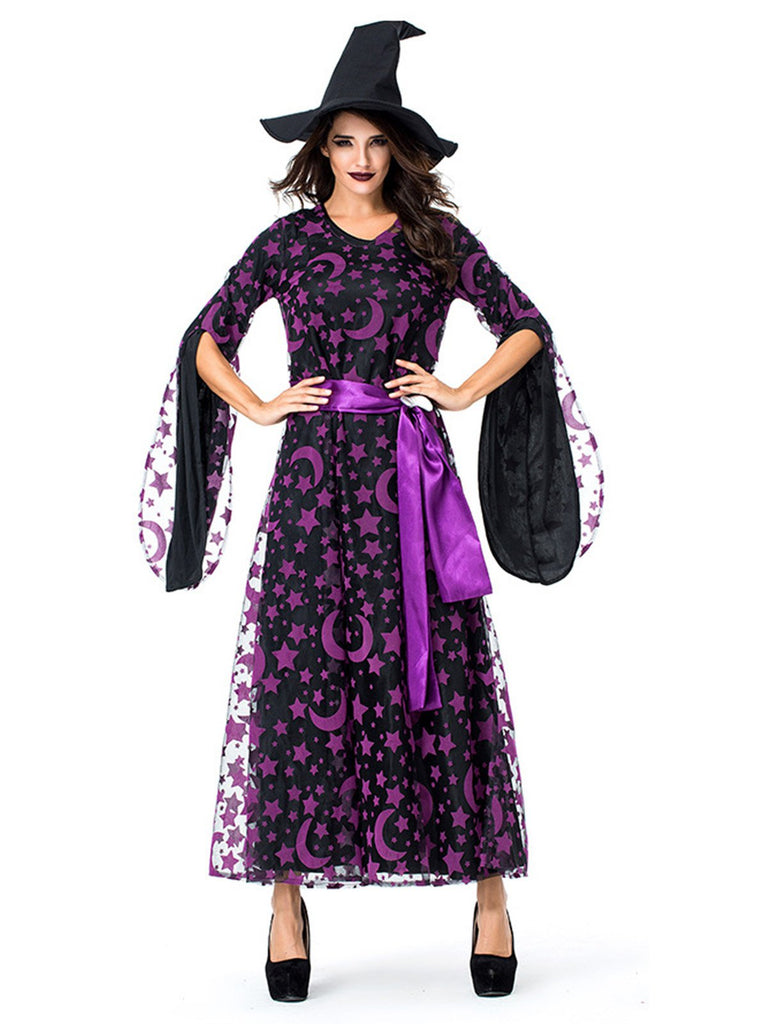 Deep Purple 1930s Star & Moon Batwing Sleeve Witch Dress Set
