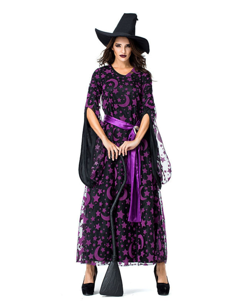 Deep Purple 1930s Star & Moon Batwing Sleeve Witch Dress Set