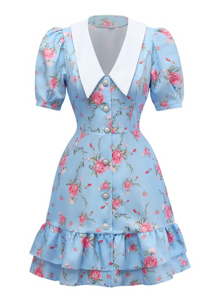 1960s Rose Puff Sleeve Chelsea Collar Mini Dress