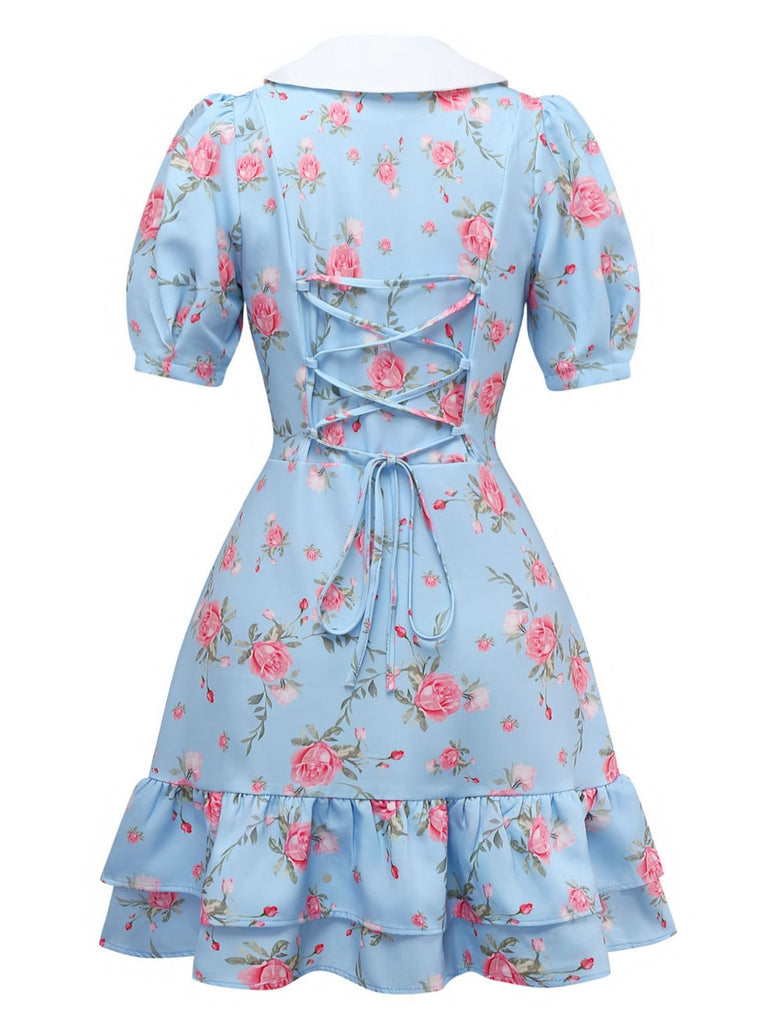 1960s Rose Puff Sleeve Chelsea Collar Mini Dress