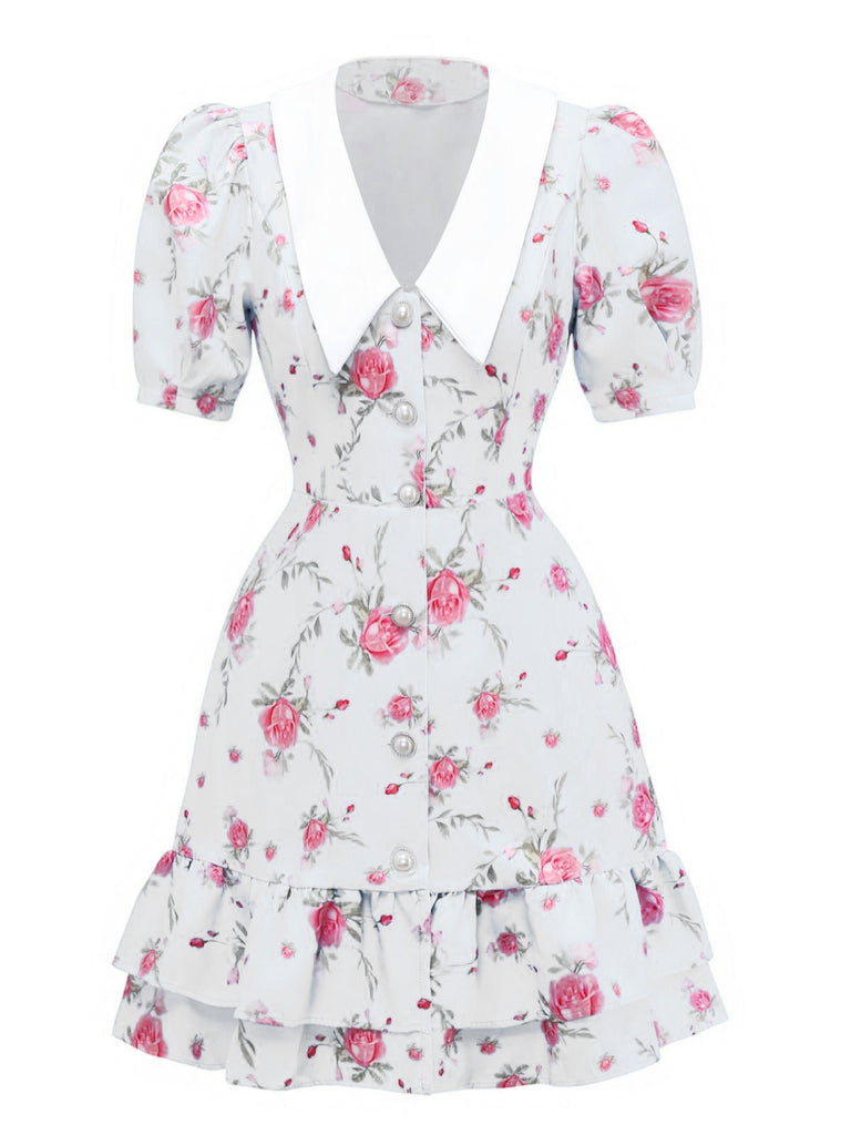 1960s Rose Puff Sleeve Chelsea Collar Mini Dress