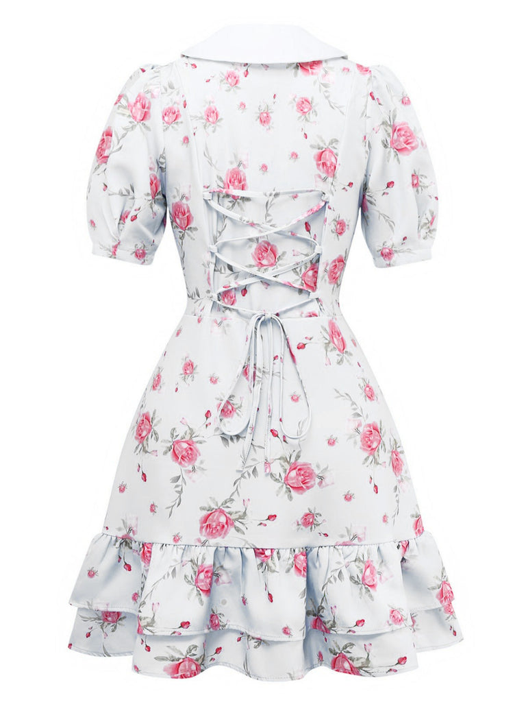 1960s Rose Puff Sleeve Chelsea Collar Mini Dress