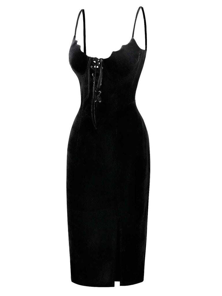 Black 1960s Bat Neckline Velvet Slit Dress