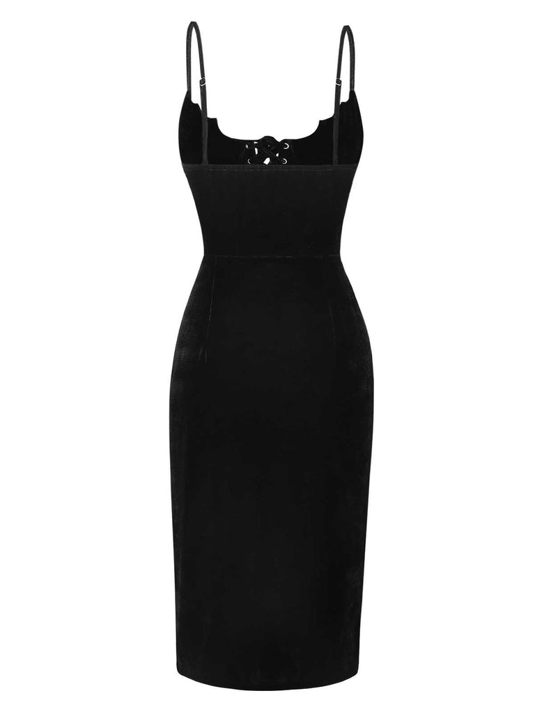 Black 1960s Bat Neckline Velvet Slit Dress