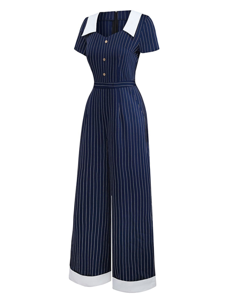 1930s Blue Striped Lapel Jumpsuit