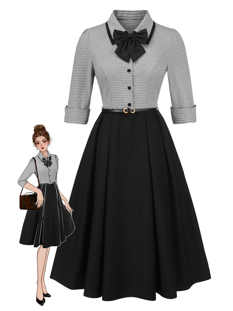 1950s Houndstooth Detachable Bow Collar Dress