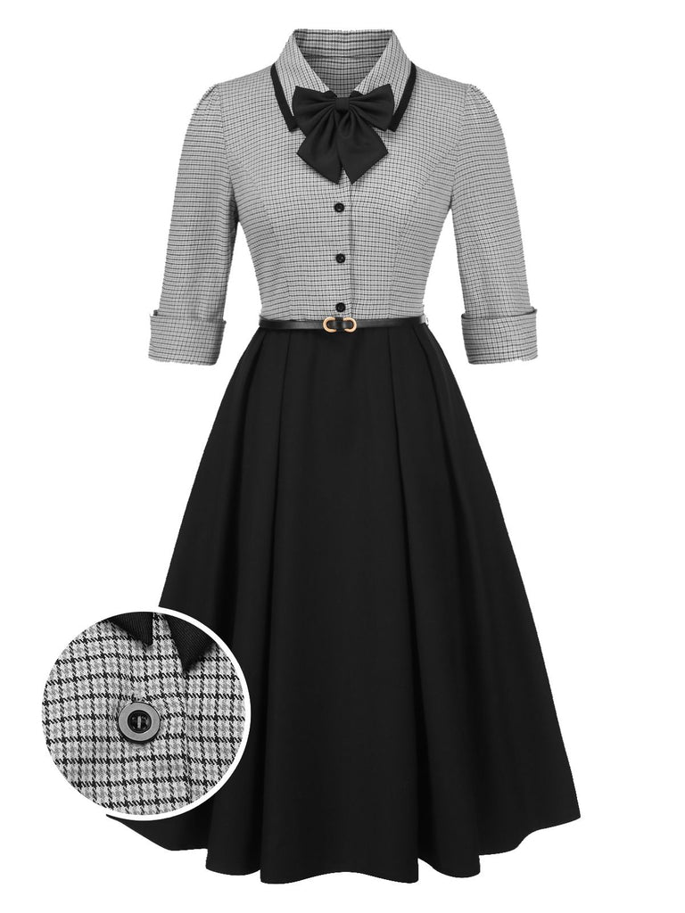 1950s Houndstooth Detachable Bow Collar Dress