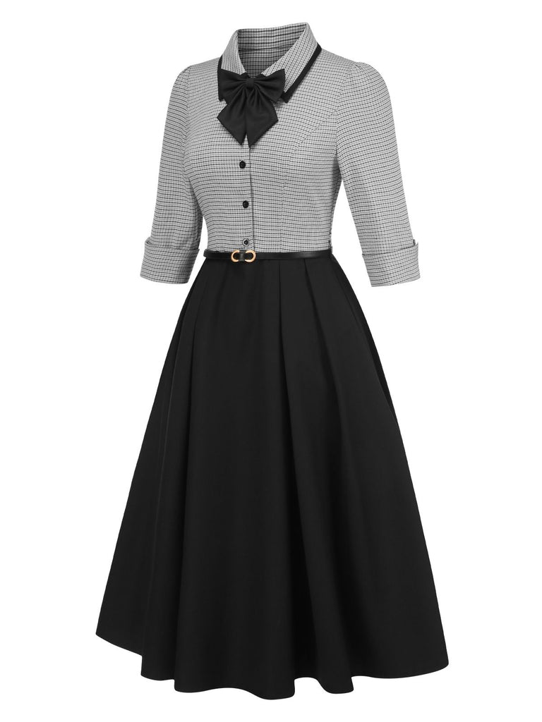 1950s Houndstooth Detachable Bow Collar Dress