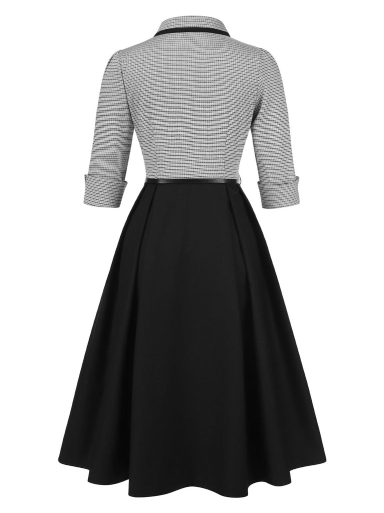 1950s Houndstooth Detachable Bow Collar Dress