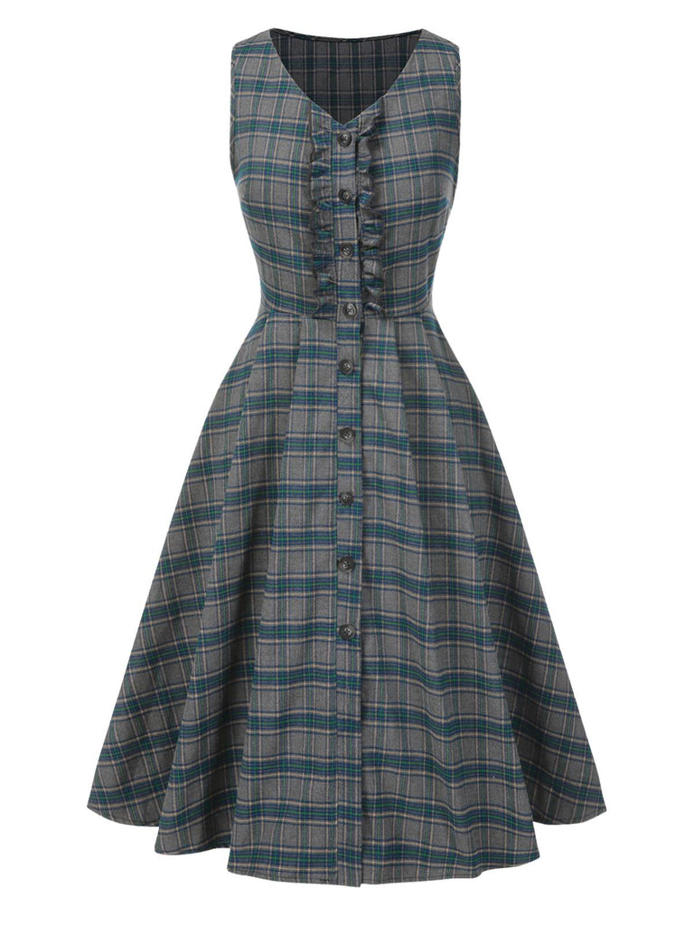 2PCS Gray 1950s Plaid Ruffled Dress & Cotton Blouse