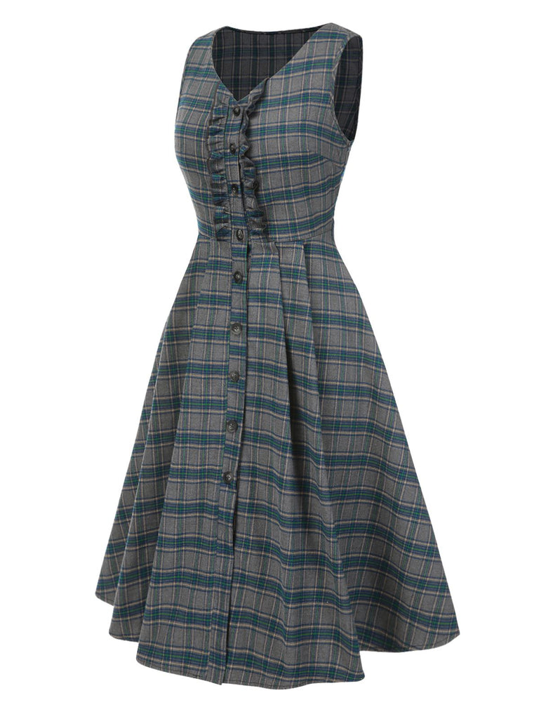 2PCS Gray 1950s Plaid Ruffled Dress & Cotton Blouse