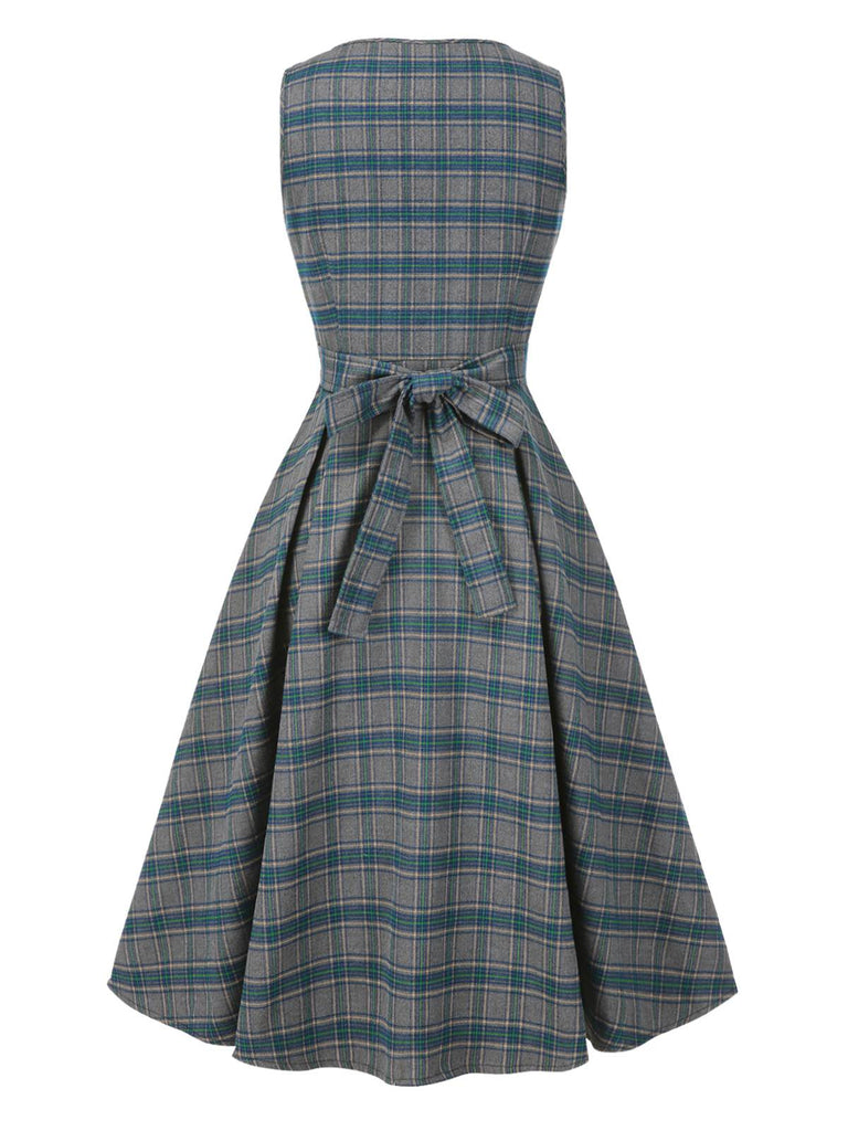 2PCS Gray 1950s Plaid Ruffled Dress & Cotton Blouse