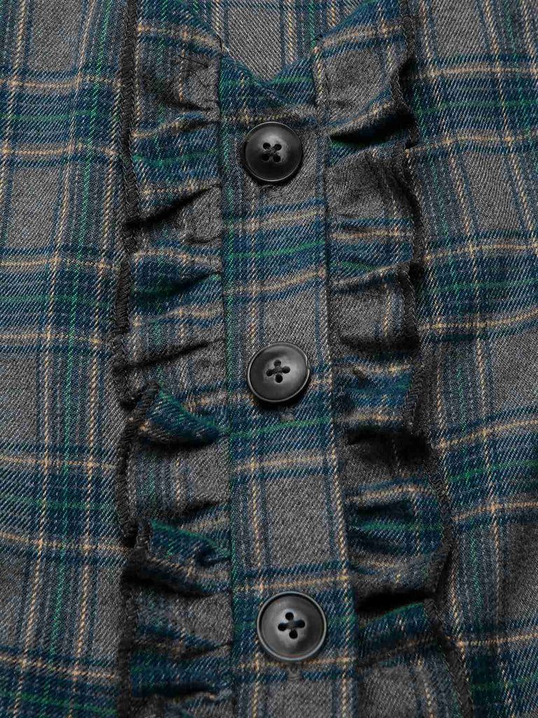 2PCS Gray 1950s Plaid Ruffled Dress & Cotton Blouse