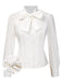 White 1950s Solid Cotton Tie-Neck Bow Blouse