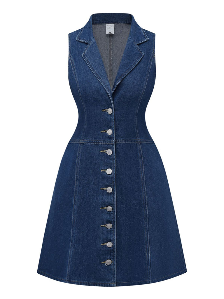 Deep Blue 1970s Denim Lapel Sleeveless Button Dress
