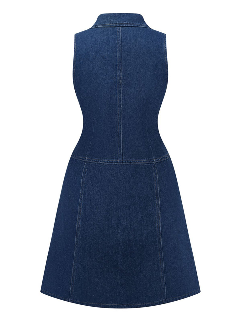 Deep Blue 1970s Denim Lapel Sleeveless Button Dress
