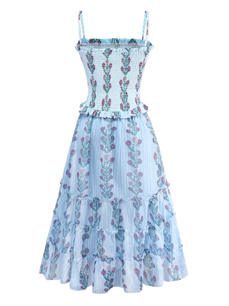 1940s Daisy Mesh Patchwork Smocked Dress