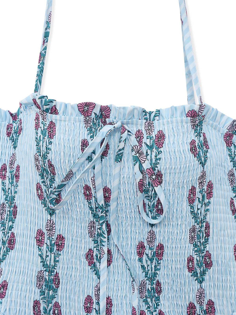 1940s Daisy Mesh Patchwork Smocked Dress