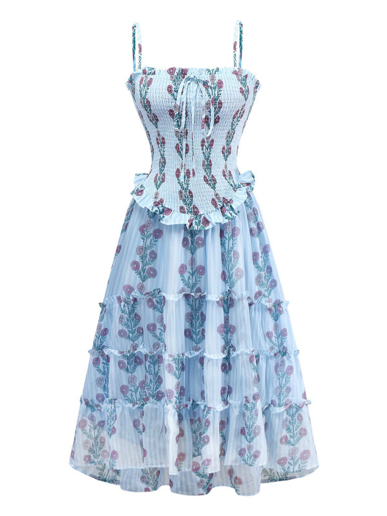 1940s Daisy Mesh Patchwork Smocked Dress