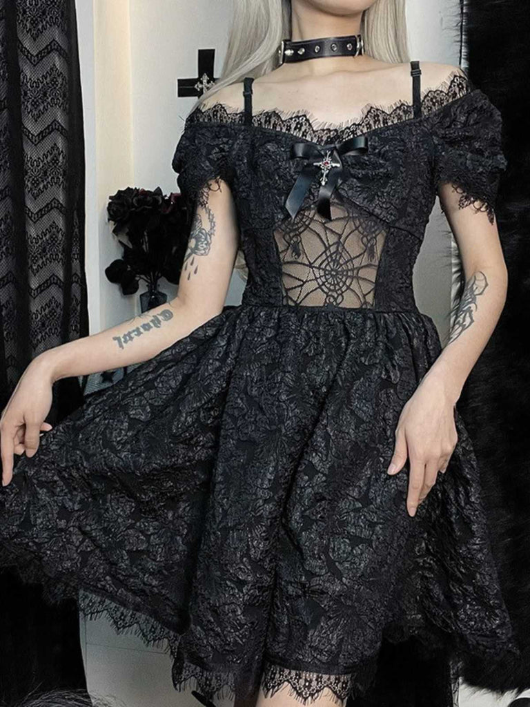 1950s Halloween Spider Web & Cross Textured Dress