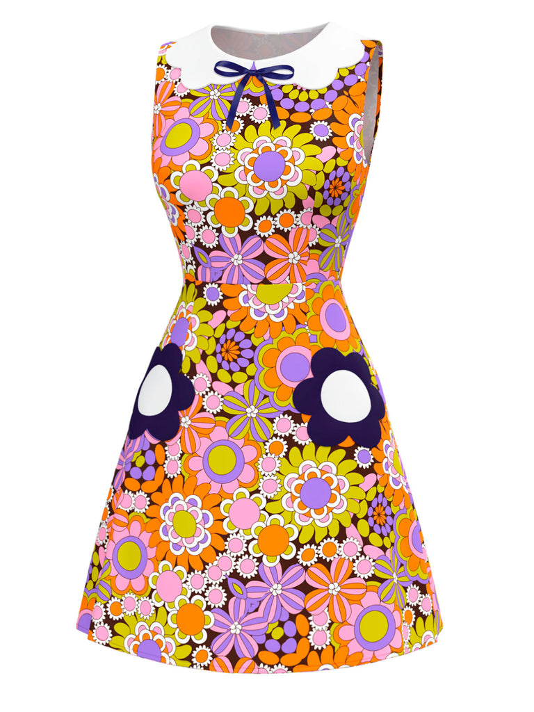Orange 1960s Peter Pan Collar Floral Bow Dress