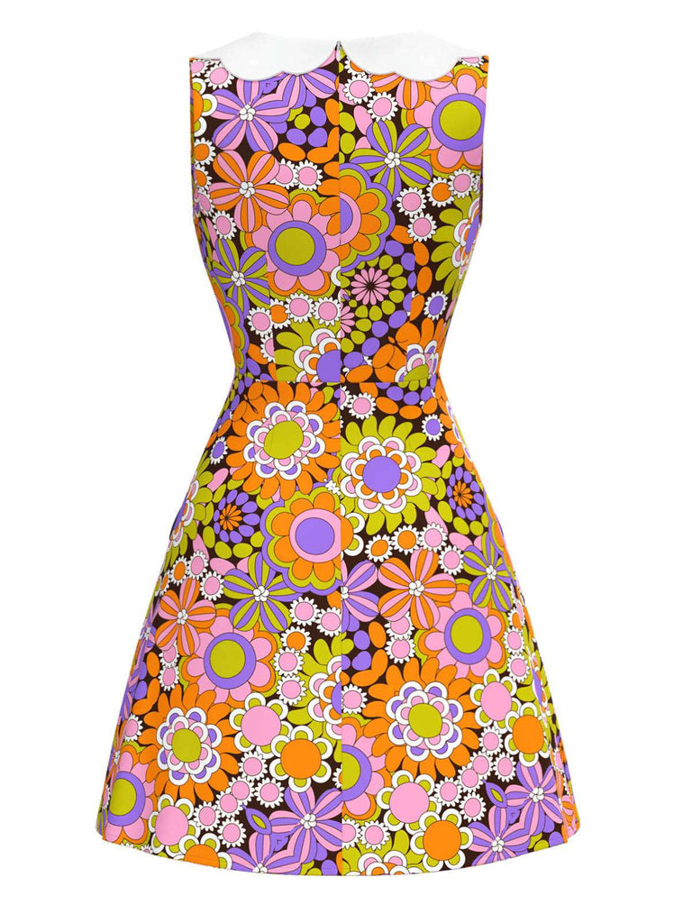 Orange 1960s Peter Pan Collar Floral Bow Dress