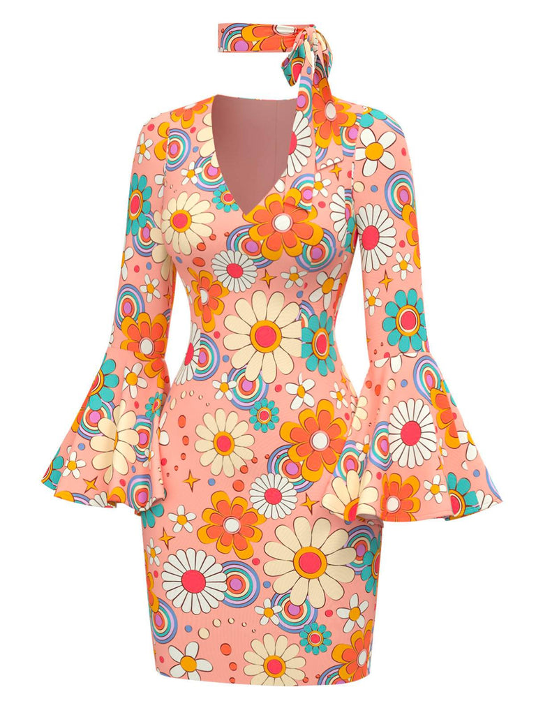 Multicolor 1960s Daisy Flare Sleeve Hippie Dress