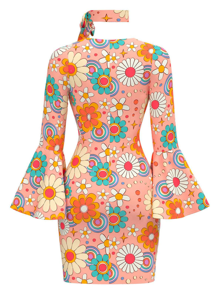 Multicolor 1960s Daisy Flare Sleeve Hippie Dress