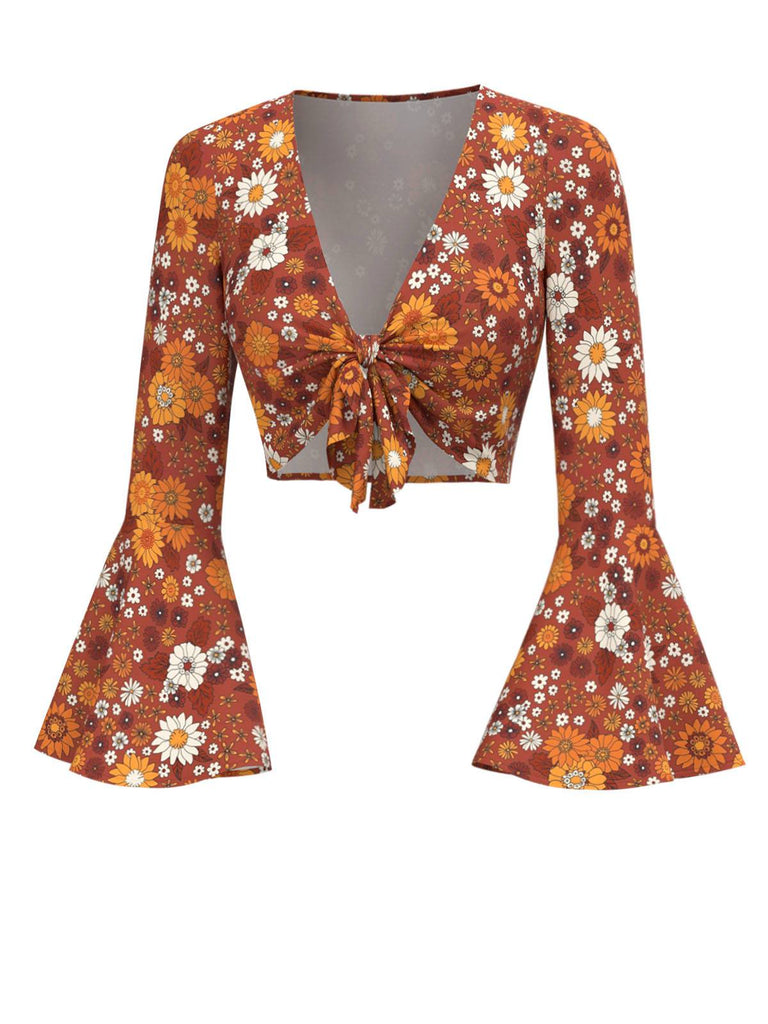 2PCS Orange 1970s Hippie Floral Bell Sleeve Top & Dress