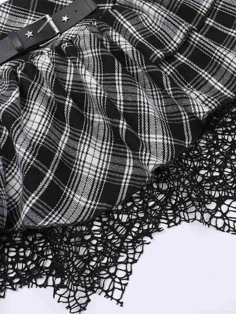 Gray 1980s Steampunk Lace Patchwork Tartan Plaid Skirt