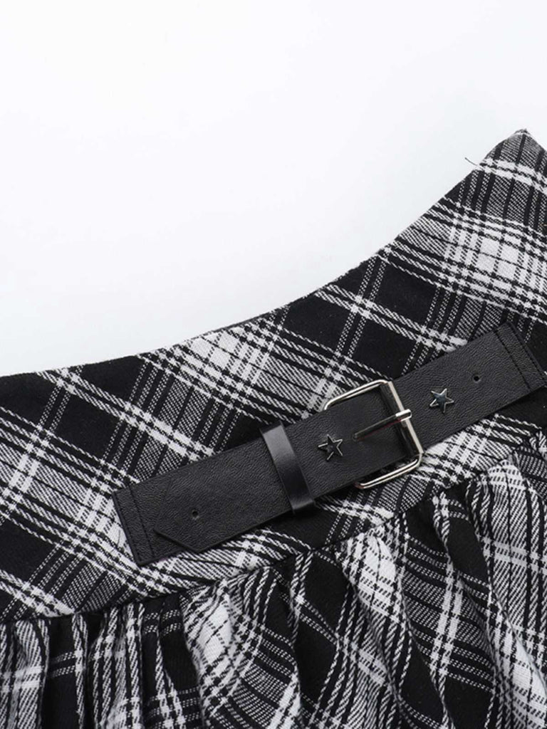 Gray 1980s Steampunk Lace Patchwork Tartan Plaid Skirt