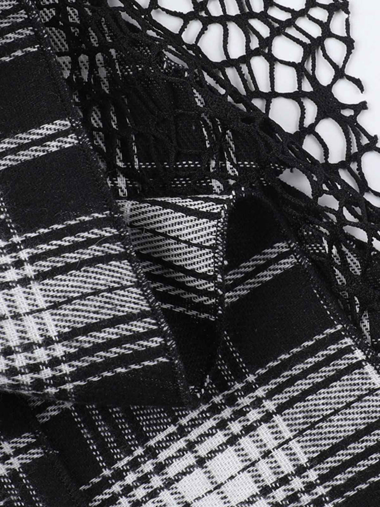 Gray 1980s Steampunk Lace Patchwork Tartan Plaid Skirt