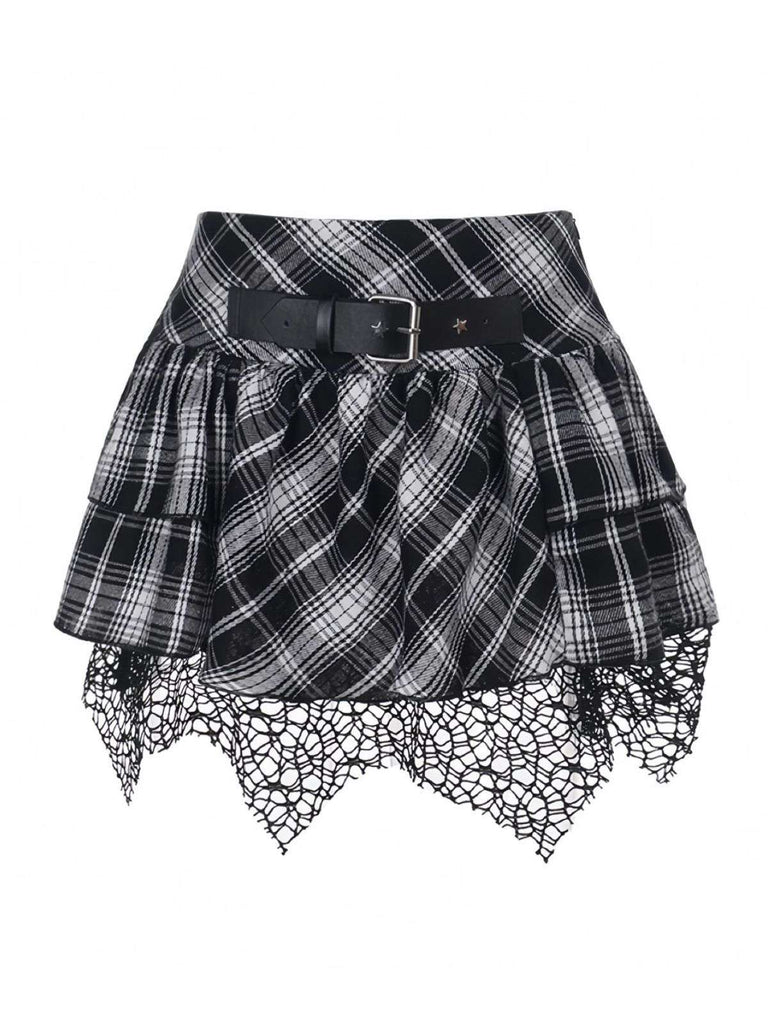 Gray 1980s Steampunk Lace Patchwork Tartan Plaid Skirt