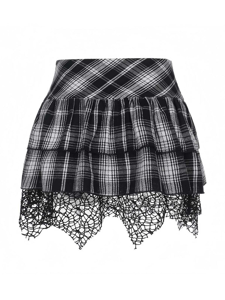 Gray 1980s Steampunk Lace Patchwork Tartan Plaid Skirt