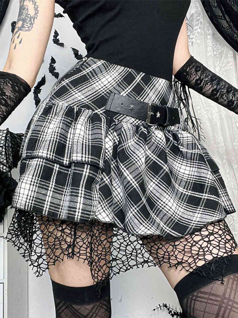 Gray 1980s Steampunk Lace Patchwork Tartan Plaid Skirt