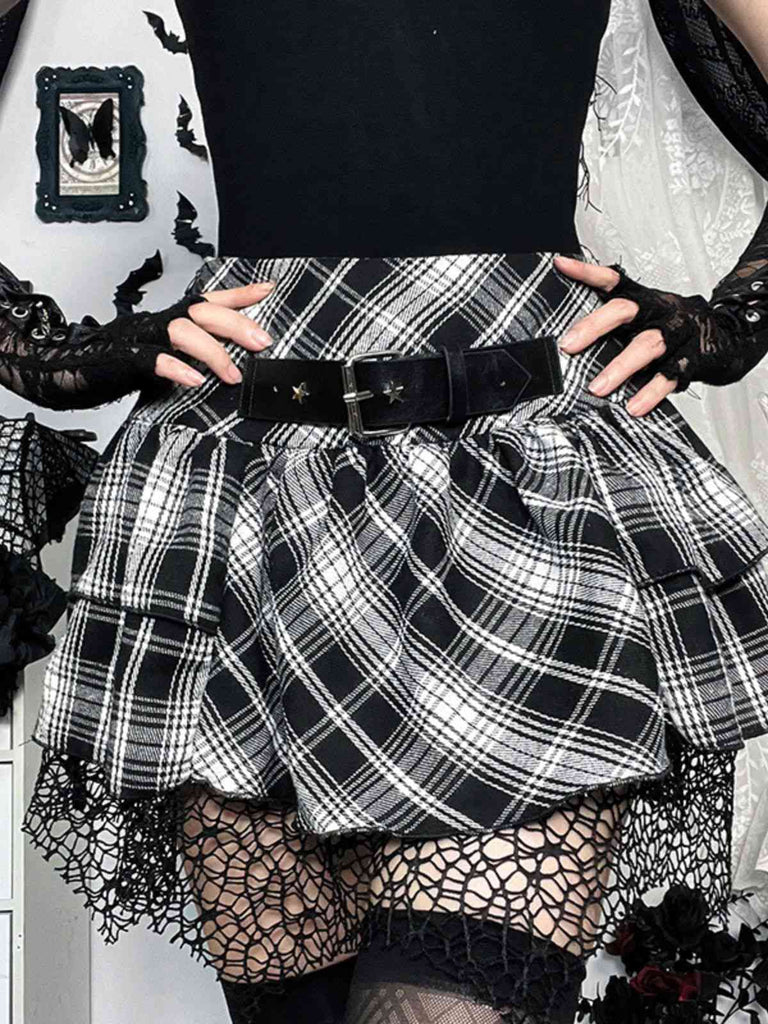 Gray 1980s Steampunk Lace Patchwork Tartan Plaid Skirt