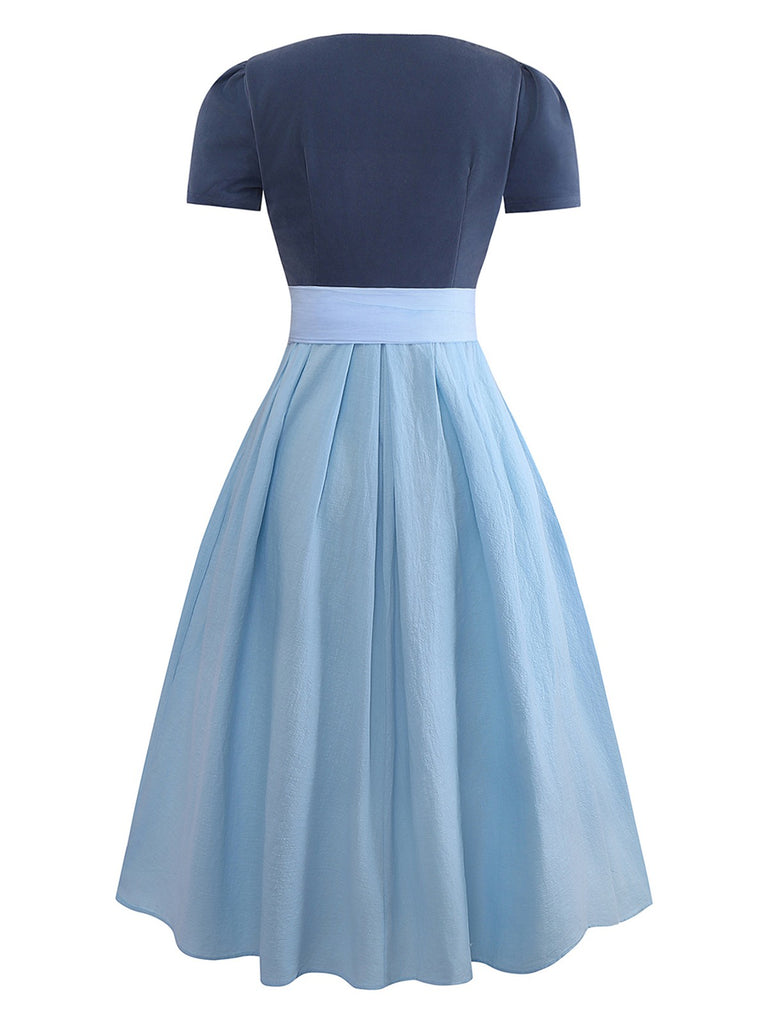 2PCS Blue Grey 1950s Solid Square Neck Dress & Apron