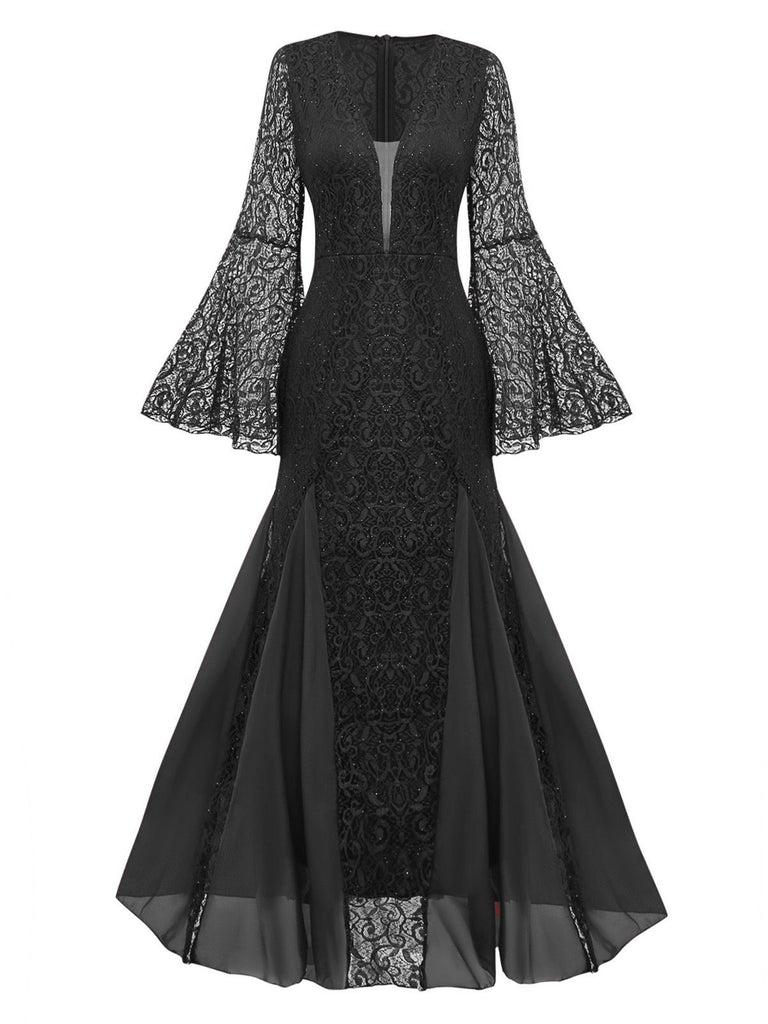 1920s Deep V-Neck Bell Sleeve Lace Mermaid Dress