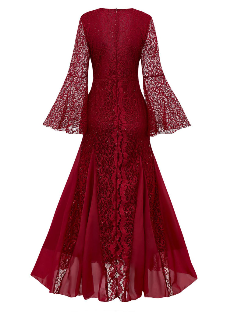 1920s Deep V-Neck Bell Sleeve Lace Mermaid Dress