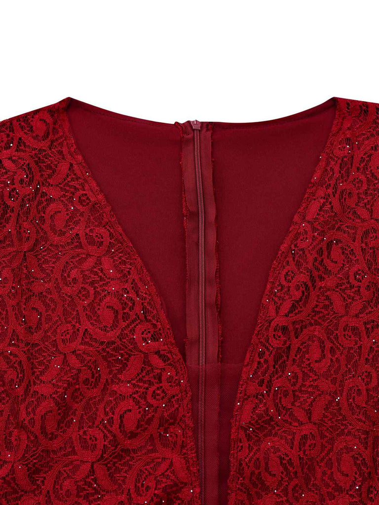 1920s Deep V-Neck Bell Sleeve Lace Mermaid Dress