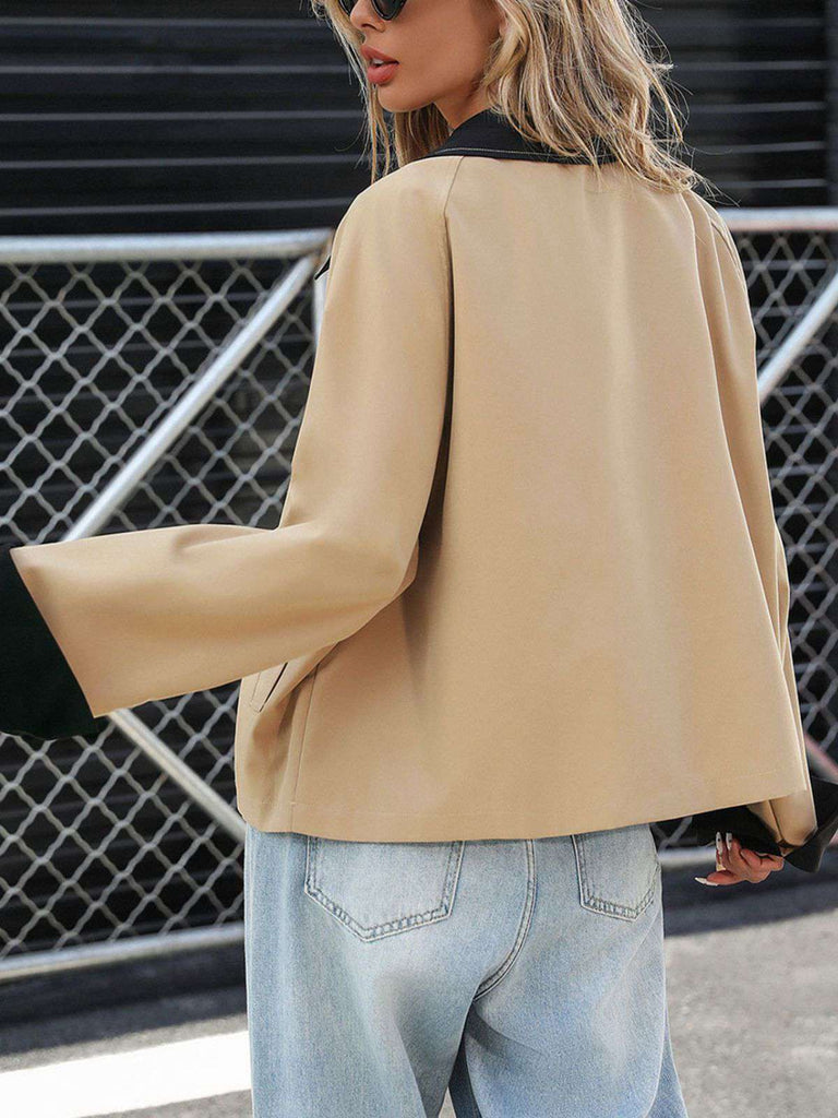 Khaki 1950s Contrast Rolled Cuff Lapel Jacket