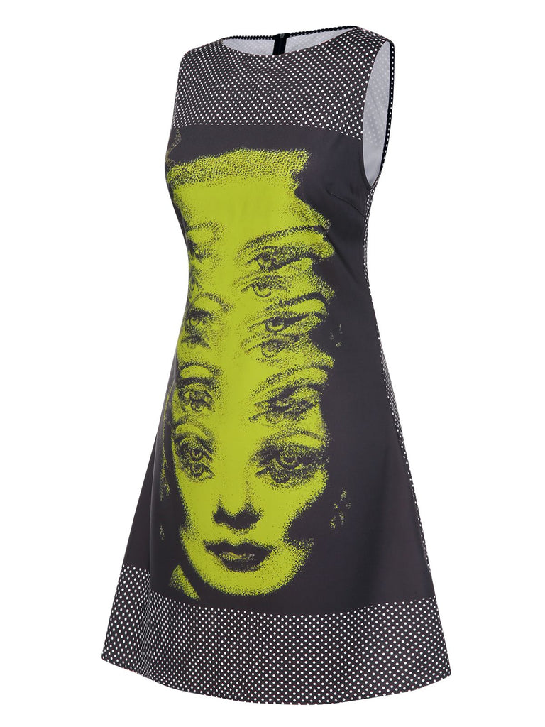 Black 1960s Face Print Polka Dot Dress